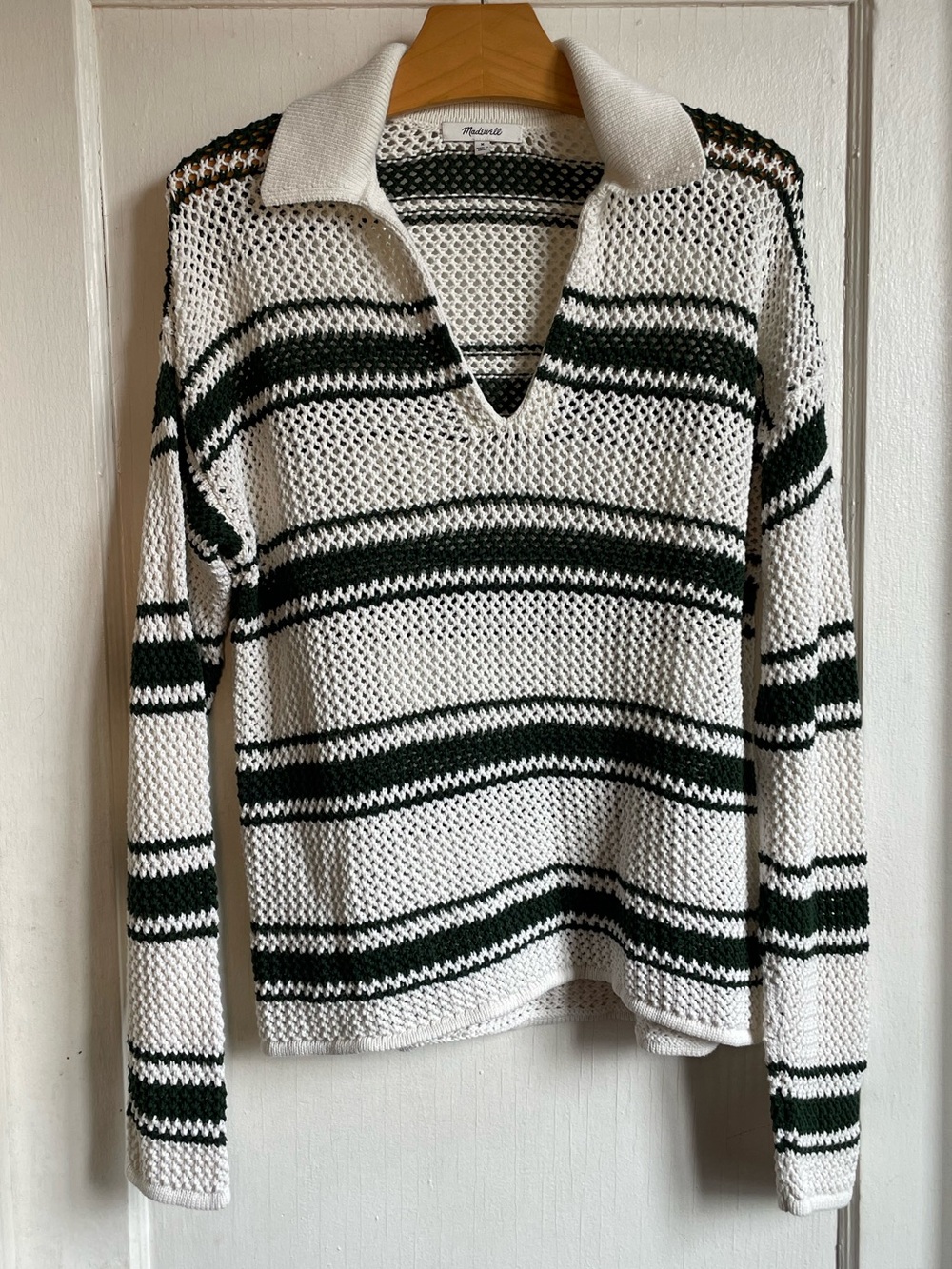 Madewell M White Green Stripe Open Crochet Knit Polo Sweater V Neck Cotton